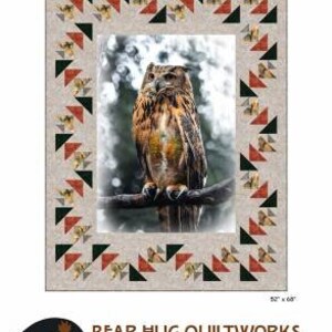May include: A quilt pattern featuring a brown and white owl perched on a branch. The pattern is called "Glide" and is surrounded by a border of red, green, and brown triangles. The pattern is by Bear Hug Quiltworks.