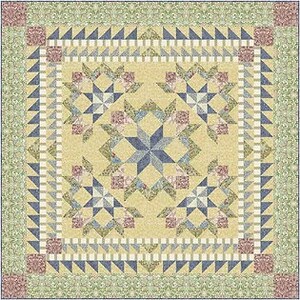 May include: A quilt with a star pattern in shades of blue, green, and yellow. The quilt has a border of triangles in shades of green and yellow.