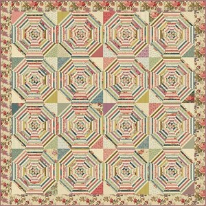 May include: A quilt with a geometric pattern of octagons and triangles. The quilt is made of various fabrics in shades of pink, green, blue, and brown. The quilt is surrounded by a border of floral fabric.