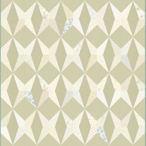 May include: A beige and white quilt with a repeating pattern of diamond shapes and stars. The stars are made up of smaller patchwork pieces in various floral patterns.