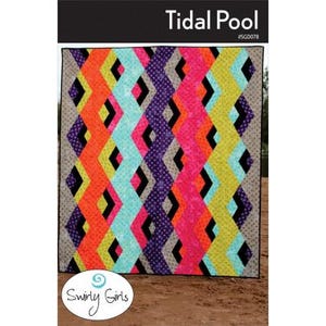 May include: A colorful quilt pattern called "Tidal Pool" with a geometric design featuring black, orange, yellow, pink, blue, and purple. The quilt is made by Swirly Girls.