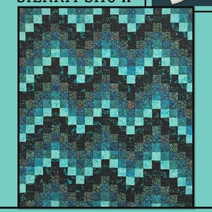 May include: A quilt with a repeating pattern of turquoise and black squares, creating a zig-zag design. The words "Sierra Snow" are at the top, and "Villa Rosa Designs" is at the bottom. A white rose is in the upper right corner.