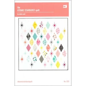 May include: A quilt pattern design featuring a colorful starburst pattern with the text "the ATOMIC STARBURST quilt by violet craft" and "#atomicstarburstquilt" and "No. 020".