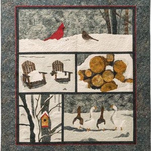 May include: A quilted wall hanging with a winter scene. It features a red cardinal, a brown bird, two wooden chairs, a pile of logs, a birdhouse, and geese. The quilt has a gray border and a red inner border.