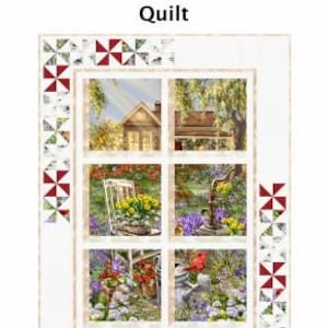 Puede incluir: Un patrón de colcha con una ventana de seis paneles, cada uno mostrando una escena diferente de un jardín de primavera. La colcha está rodeada por un borde de molinetes rojos y blancos. El título "Spring Window Quilt" está impreso en la parte superior de la imagen.