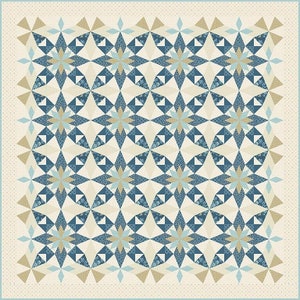 May include: A quilt with a geometric pattern of blue, beige, and white stars. The quilt is made up of many smaller squares and triangles, creating a complex and intricate design.