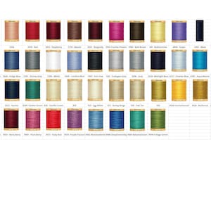 May include: A chart of thread spools in a variety of colors, including red, blue, green, yellow, and brown. Each spool has a number and a color name printed on it.