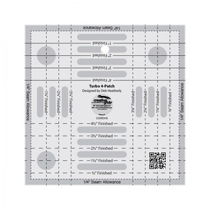 May include: A black and white diagram for a quilting pattern called "Turbo 4-Patch" designed by Deb Heatherly. The diagram includes measurements in inches for finished blocks and seam allowances.