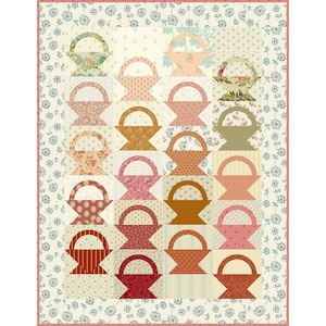 May include: A quilt with a patchwork design featuring a repeating pattern of baskets in various shades of pink, red, orange, and brown. The baskets are set against a cream background with a floral border.