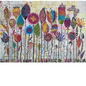 May include: A colorful fabric art piece depicting a field of stylized seed pods with black and white striped stems. The background is a grid pattern with a butterfly in the upper right corner. The text "Seed Pods" and "By Laura Heine" is at the top of the image. The text "Fiberworks Inc 3213 Henesta Drive Billings MT 59102 406-656-6663 fiberworks-heine.com ©2021 Laura Heine Do not photocopy, reproduce, resize or share" is at the bottom of the image.