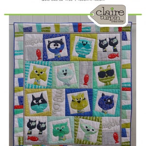 May include: A quilt pattern featuring a patchwork design with various shades of blue, green, and red. The quilt features a repeating pattern of cats with different expressions and a "meow" text. The quilt is 52 inches by 58 inches.