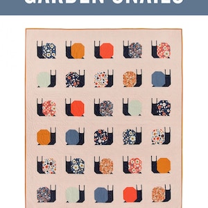May include: A quilt pattern featuring a design of snails with colorful shells and floral patterns on a pink background. The pattern is titled "Garden Snails" and is described as a traditionally pieced quilt pattern for the intermediate sewist and up.