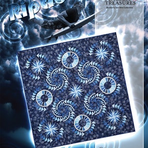 May include: A quilt pattern called "Riptides" featuring a blue and white design with a circular pattern and a starburst pattern. The quilt pattern is from the Timeless Treasures Blueberry Tart Mini Collection. The text "Quiltworx.com" and "Foundation Paper Piecing" is at the bottom of the image.