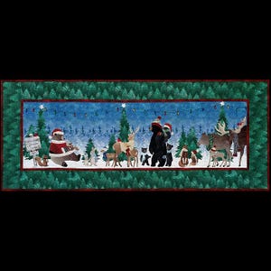 May include: A rectangular fabric table runner featuring a winter forest scene with bears, deer, and squirrels wearing holiday hats and scarves. The design includes a dark green pine tree border, a snowy landscape, and string lights overhead.