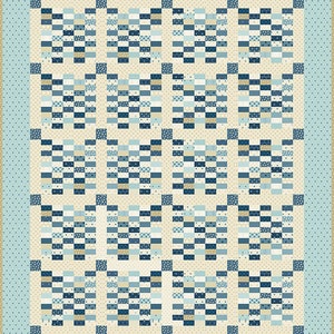 May include: A quilt with a patchwork design featuring squares of blue, white, and yellow fabric. The quilt is bordered with a light blue fabric with white polka dots.