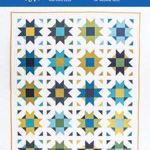 May include: A quilt pattern called "Compass Star" by Quilty Love. The pattern is for a baby, throw, queen, or king size quilt. It uses fat eighths, fat quarters, or yardage. The quilt features a repeating pattern of blue, green, yellow, and black stars on a white background.