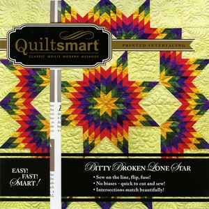 May include: Quiltsmart Bitty Broken Lone Star quilt pattern featuring a colorful star design with red, yellow, green, and purple fabric. The pattern is printed on interfacing and includes instructions for sewing on the line, flipping, fusing, and cutting.  The text "EASY! FAST! SMART!" is printed on the left side of the image.
