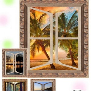 May include: Four different window scenes with a brick background. The top window shows a beach scene with palm trees and a sunset. The other three windows show a forest, a beach, and a lake.