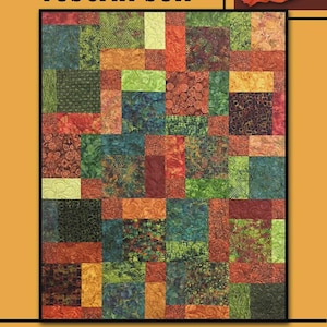 May include: A patchwork quilt titled "Tuscan Sun" with a variety of patterned fabric squares in shades of green, orange, red, and blue. The quilt is framed in black, with a rose in the upper right corner. The words "Villa Rosa Designs" are at the bottom.