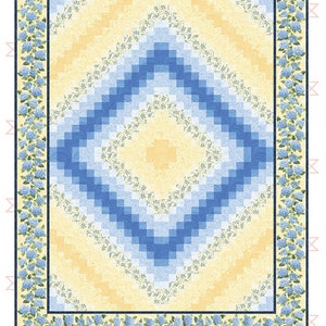 May include: A quilting pattern for a quilt called "Easy Trip Around the World" with a yellow and blue color scheme. The pattern is designed by Jackie Robinson and is available in lap, twin, queen, and king sizes.