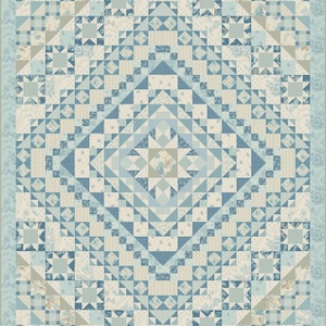 May include: A large, intricately patterned quilt in shades of blue, white, and beige. The quilt features a central diamond design surrounded by geometric shapes, stars, and floral patterns. The border is a light blue with a floral motif.