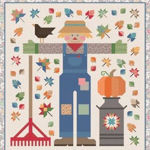 May include: A quilted scarecrow with a blue overall, a straw hat, and a red rake. The scarecrow is surrounded by colorful leaves and a pumpkin. The text "The Quilted Scarecrow" is at the top of the image. The text "Designed by Lori Holt Bee in my Bonnet Co." is at the bottom of the image.