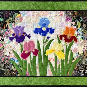 May include: A colorful quilt featuring five embroidered iris flowers in shades of purple, blue, red, pink, and yellow. The flowers are set against a background of patchwork fabric in various floral patterns.