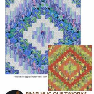 May include: A quilting pattern called "Brickyard" with a blue and green floral design. The pattern is designed to be made in a day or an hour. The finished size is approximately 76 inches by 80 inches. The pattern is by Bear Hug Quiltworks.