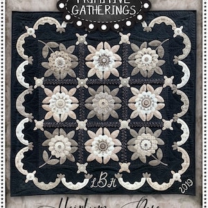 May include: A quilt pattern featuring a black background with a white and beige floral design. The quilt is titled "Heirloom Rose" and is designed by Lisa Bongean. The finished size is 42 inches by 42 inches.