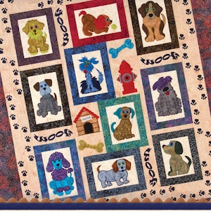 May include: A quilt pattern featuring a variety of dog breeds in different poses. The quilt is made up of squares with a white background and each square has a different dog breed in it. The quilt is surrounded by a border of paw prints. The title of the pattern is "Mixed Mutts Classic Series".