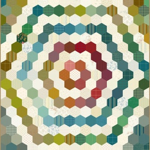 May include: A colorful quilt with a honeycomb pattern. The quilt features a variety of fabrics in shades of green, blue, red, and brown. The design is arranged in concentric circles, creating a visually appealing and intricate pattern.