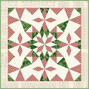 Puede incluir: Una colcha blanca con un patrón geométrico verde y rojo. La colcha está compuesta por formas de estrellas repetidas y está rodeada por un borde blanco con un patrón verde y rojo.
