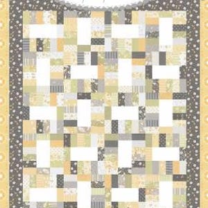 May include: A quilt pattern called "Jelly Sticks" from the Coriander Quilts collection by Corey Yoder. The quilt pattern features a grid of small squares in shades of yellow, gray, and white.