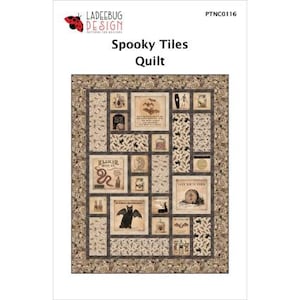 May include: A quilt pattern featuring a spooky tile design with images of bats, snakes, potions, and tombstones. The pattern is called "Spooky Tiles Quilt" and the pattern number is PTNC0116.