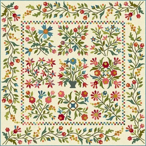 May include: A vintage-style floral quilt pattern with a cream background and a variety of colorful flowers, including red, pink, blue, and green. The quilt is made up of a grid of squares, each containing a different floral design.