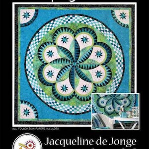 May include: A quilt pattern called "Spring Fever" by Jacqueline de Jonge, BeColourful. The quilt features a large, circular design with a blue, green, and white color scheme. The design is made up of a series of curved shapes that radiate outward from the center.