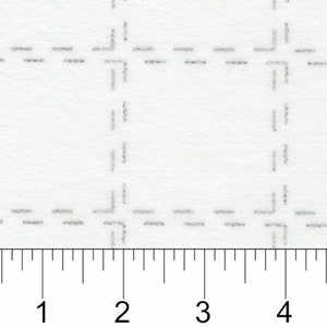 May include: White fabric with a repeating pattern of small, gray, dashed lines forming a grid. The fabric is measured in inches.