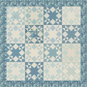 May include: A patchwork quilt featuring a repeating star pattern in shades of blue and cream. The quilt has a floral border and is composed of various geometric shapes and patterns, creating a visually appealing textile.