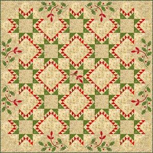 May include: A quilt pattern with a repeating design of red and green triangles, set against a cream background. The border features a green vine with red berries.