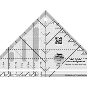 May include: A clear plastic quilting ruler with a black triangle shape and markings for half square triangles. The ruler is labeled "Half Square 4-in-1 Triangle Ruler" and "Designed by Brenda Henning".