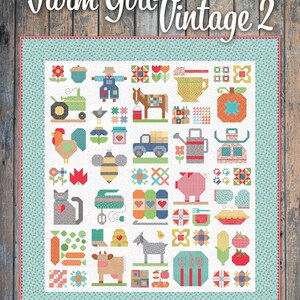 May include: A colorful quilt with a farm theme, featuring various appliqued images of farm animals, tools, and produce. The quilt has a white background with a light blue border and the text "Farm Girl Vintage 2".