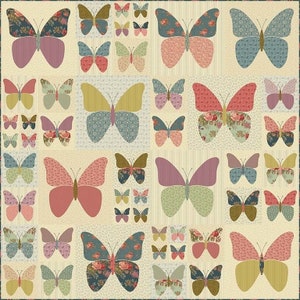 May include: A quilt with a patchwork design featuring a variety of colorful butterflies. The butterflies are arranged in a grid pattern and are made from different fabrics. The quilt is a great example of a traditional quilting technique.