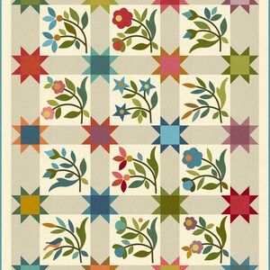 May include: A quilt pattern with a beige background and a repeating pattern of colorful stars and floral designs. The stars are in shades of red, orange, blue, green, and purple. The floral designs are in shades of pink, blue, and green.