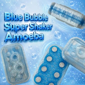 May include: Several transparent blue shaker devices are displayed, featuring a honeycomb design. The text "Blue Bubble Super Shaker Amoeba" is visible. The devices are rectangular with rounded edges, set against a light blue background with bubble graphics.