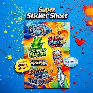 May include: A sheet of colorful, glossy stickers with the text "Super Sticker Sheet." The stickers feature various designs, including a car, a can, a fish, and the text "Super Max3D." The background is blue with paint splatters.