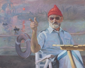 Bill Murray Steve Zissou in a Monet - funny painting - bill murray - comedy - oil painting - home, art, wall art