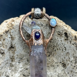 Amethyst and clear quartz electroformed copper necklace