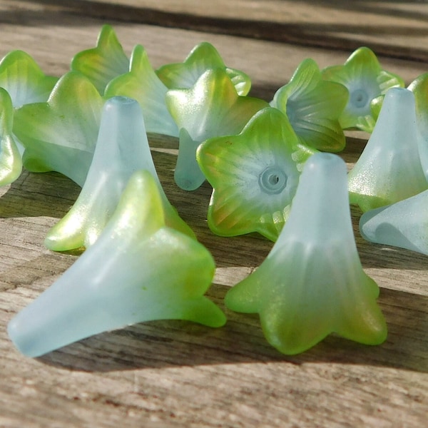 Baby Blue and Pearl Lime Green Hand Painted Lucite Trumpet Flower Beads