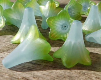 Baby Blue and Pearl Lime Green Hand Painted Lucite Trumpet Flower Beads