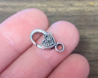 Heart Lobster Clasps Antique Silver - 17mm x 9mm, Jewelry Findings, Bracelet Clasp, Necklace Fastener